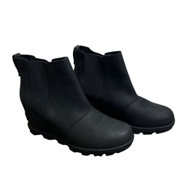 Sorel Joan of Arctic Wedge Chelsea Black Leather Waterproof Ankle Boots Size 9 - Picture 1 of 12